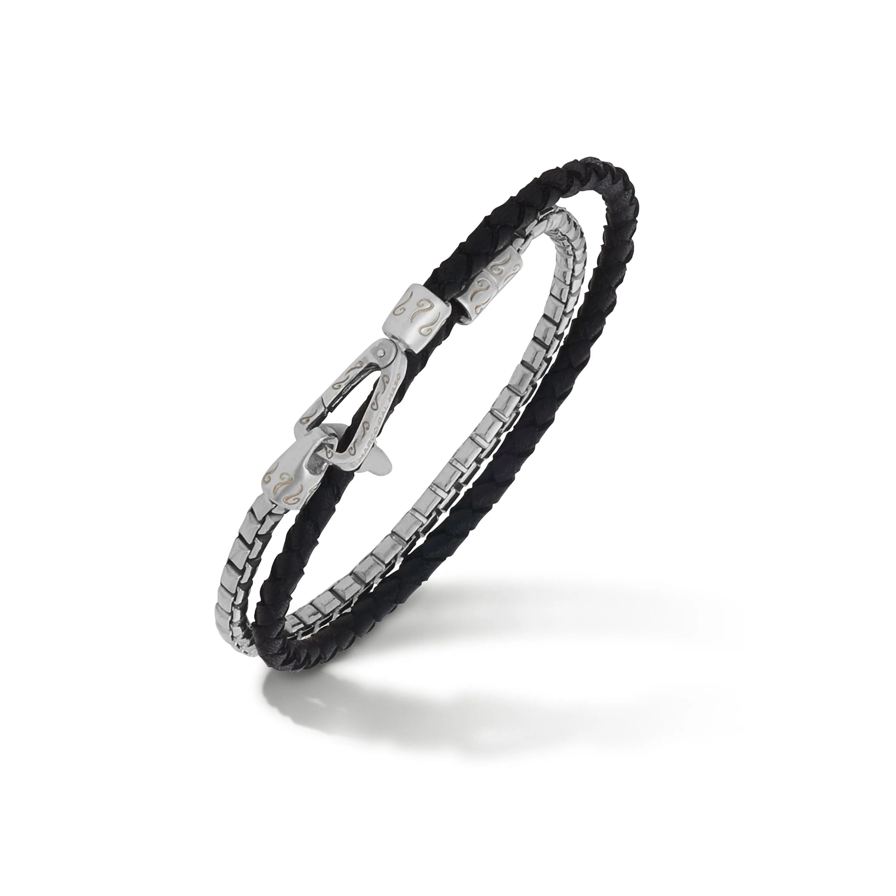 LASH Double Mix Black Woven Leather and Polished Silver Chain Bracelet sold by Marco Dal Maso