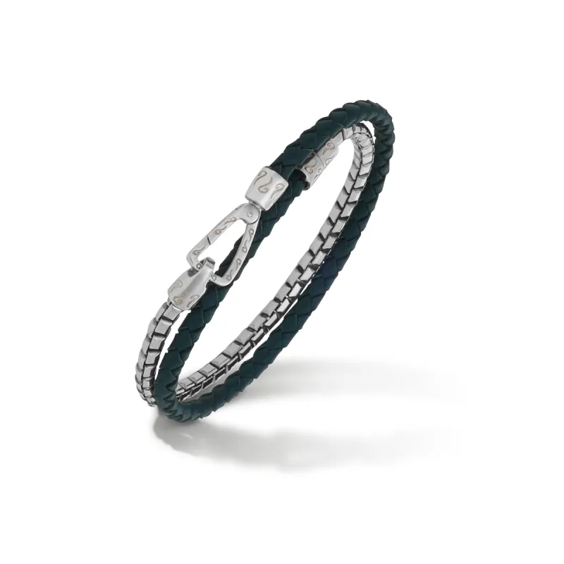 LASH Double Mix Green Woven Leather and Polished Silver Chain Bracelet sold by Marco Dal Maso