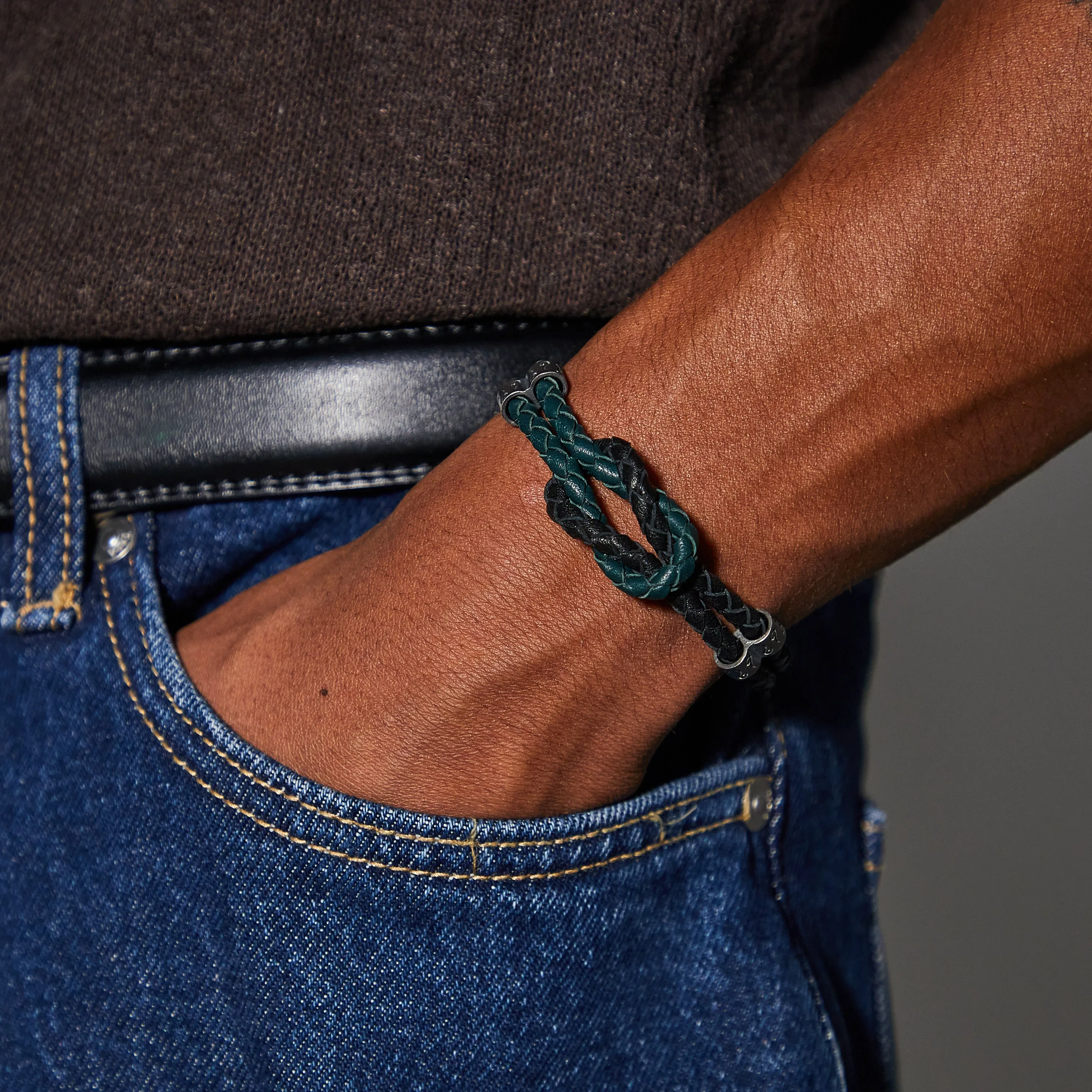 LASH Reef Knot Green/Black Woven Leather and Oxidized Silver Bracelet sold by Marco Dal Maso product image thumbnail 2