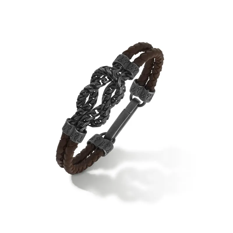 LASH Reef Knot Chain Oxidized Bracelet with brown leather made by Marco Dal Maso