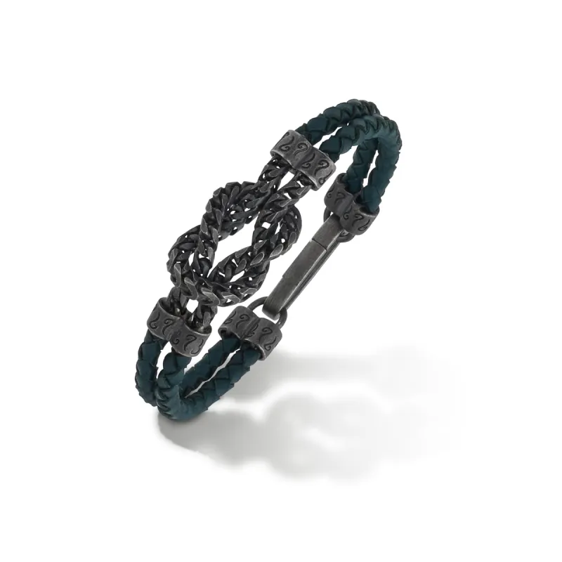 LASH Reef Knot Chain Oxidized Bracelet with green leather made by Marco Dal Maso