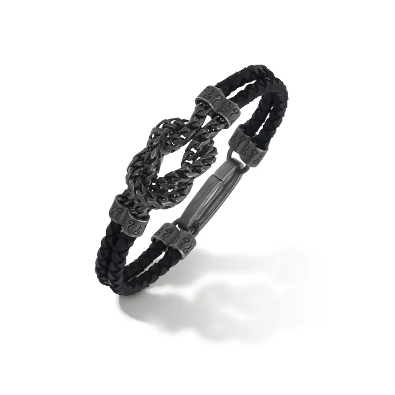 LASH Reef Knot Chain Oxidized Bracelet with black leather made by Marco Dal Maso