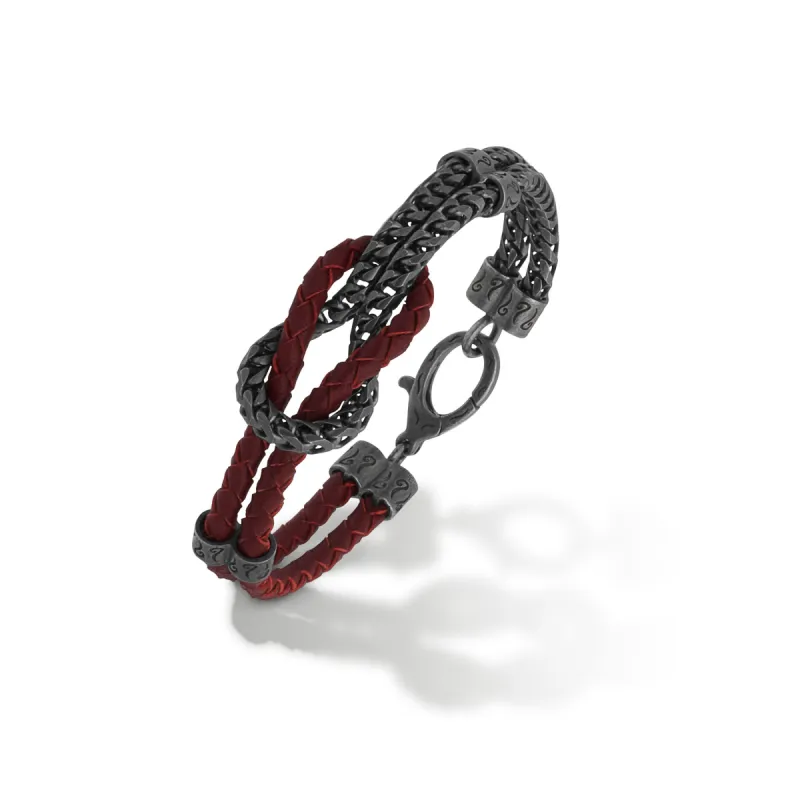LASH Mix Reef Knot Chain Oxidized Bracelet and red leather made by Marco Dal Maso