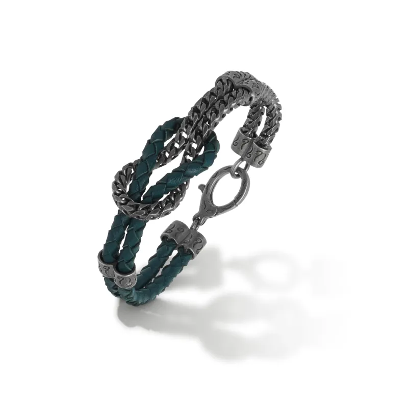 LASH Mix Reef Knot Chain Oxidized Bracelet and green leather made by Marco Dal Maso