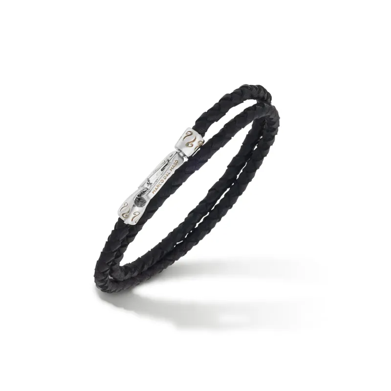 LASH Double Wrap Polished Silver and Black Woven Leather Bracelet sold by Marco Dal Maso