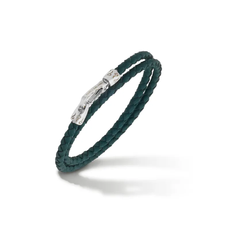 LASH Double Wrap Polished Silver and Green Woven Leather Bracelet sold by Marco Dal Maso