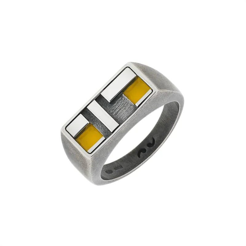 De Stijl Oxidized and Polished Silver Ring with Yellow Enamel sold by Marco Dal Maso