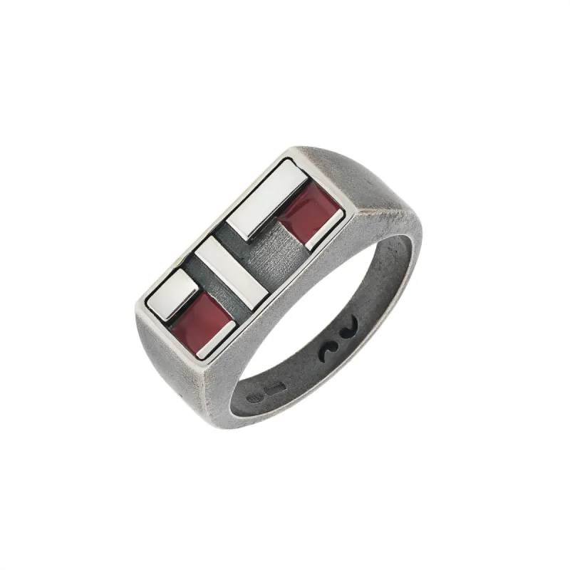 De Stijl Oxidized and Polished Silver Ring with Red Enamel sold by Marco Dal Maso