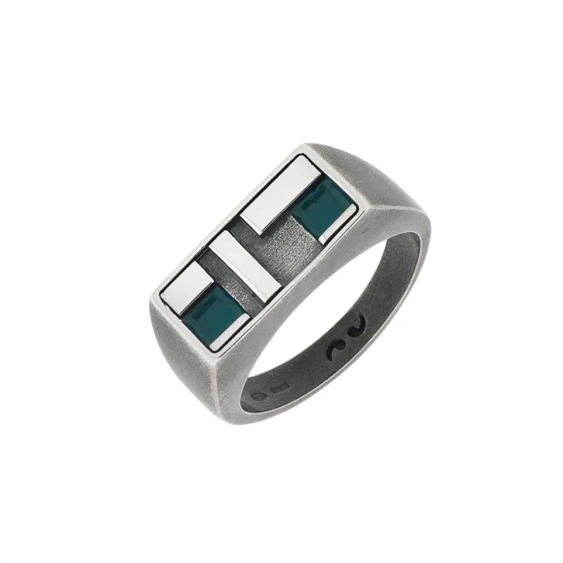 De Stijl Oxidized and Polished Silver Ring with Green Enamel sold by Marco Dal Maso