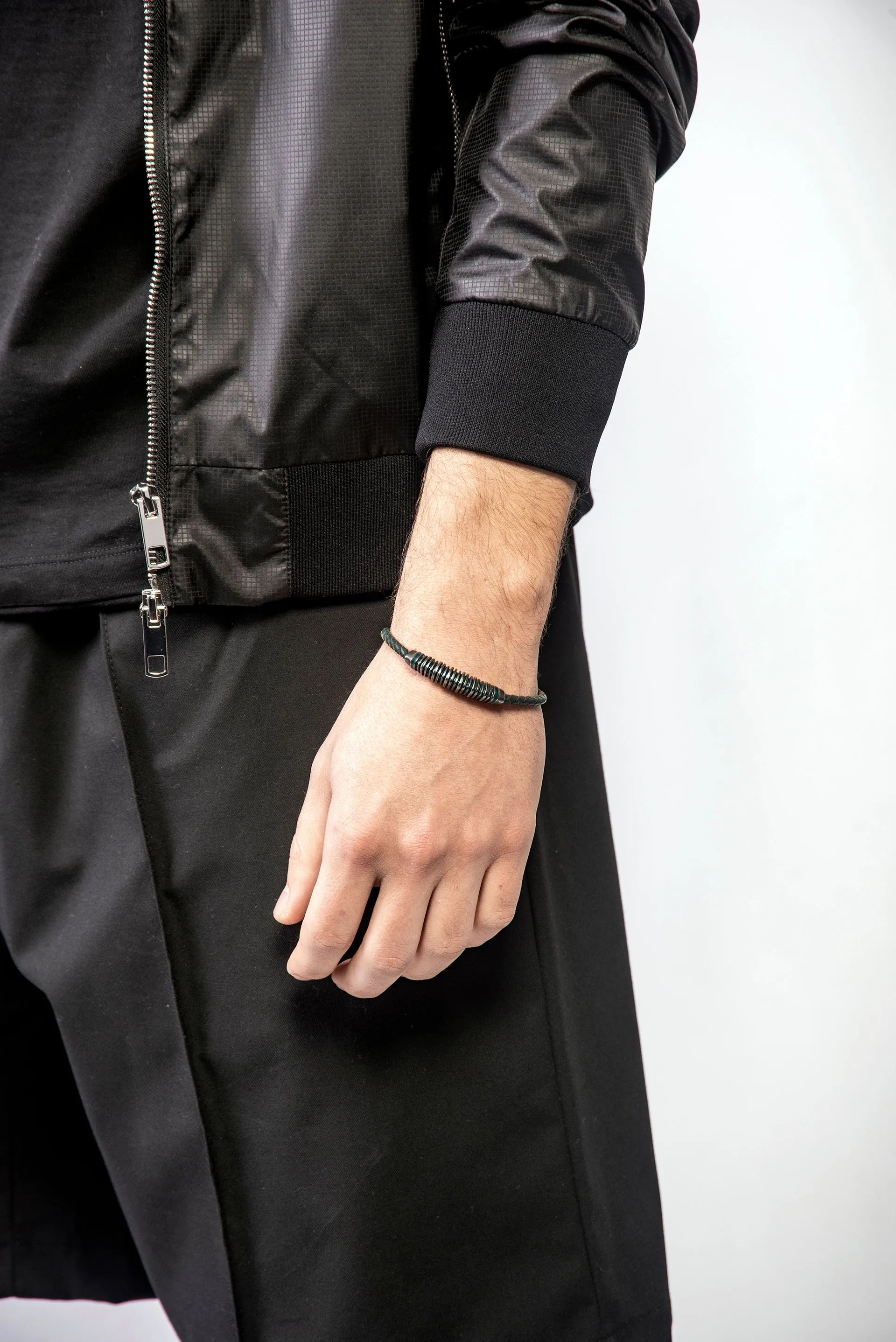 ACIES Oxidized Silver and Green Leather Bracelet with Green Enamel sold by Marco Dal Maso product image thumbnail 2