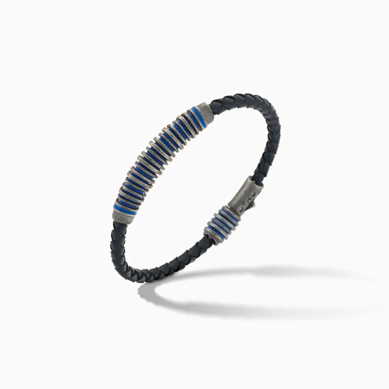 ACIES Oxidized Silver and Blue Leather Bracelet with Blue Enamel sold by Marco Dal Maso