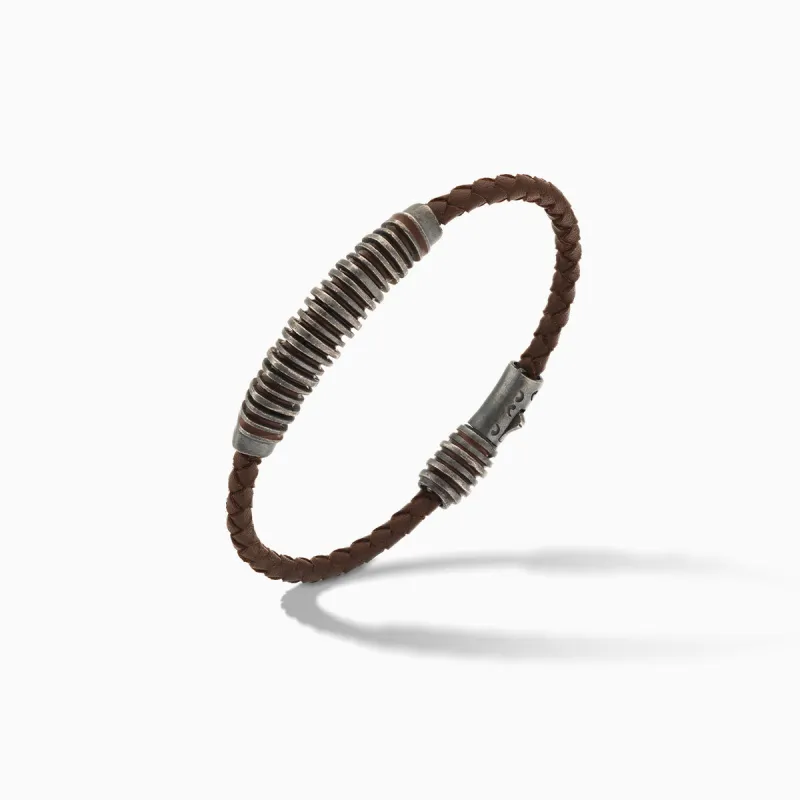 ACIES Oxidized Silver and Brown Leather Bracelet with Brown Enamel sold by Marco Dal Maso