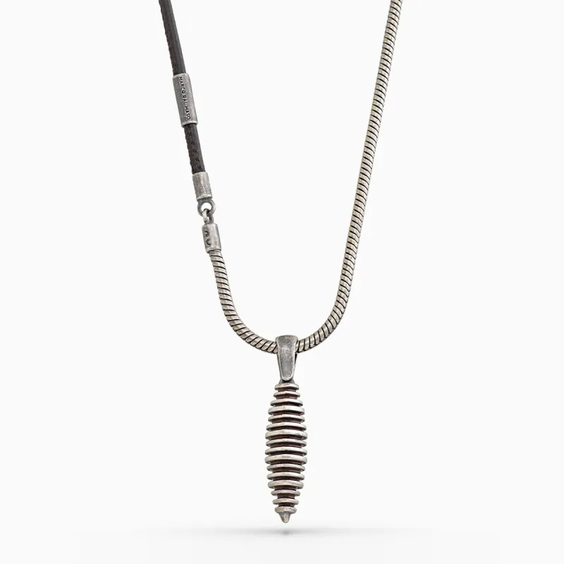 ACIES Cocoon Oxidized Silver and Brown Leather Pendant with Brown Enamel sold by Marco Dal Maso