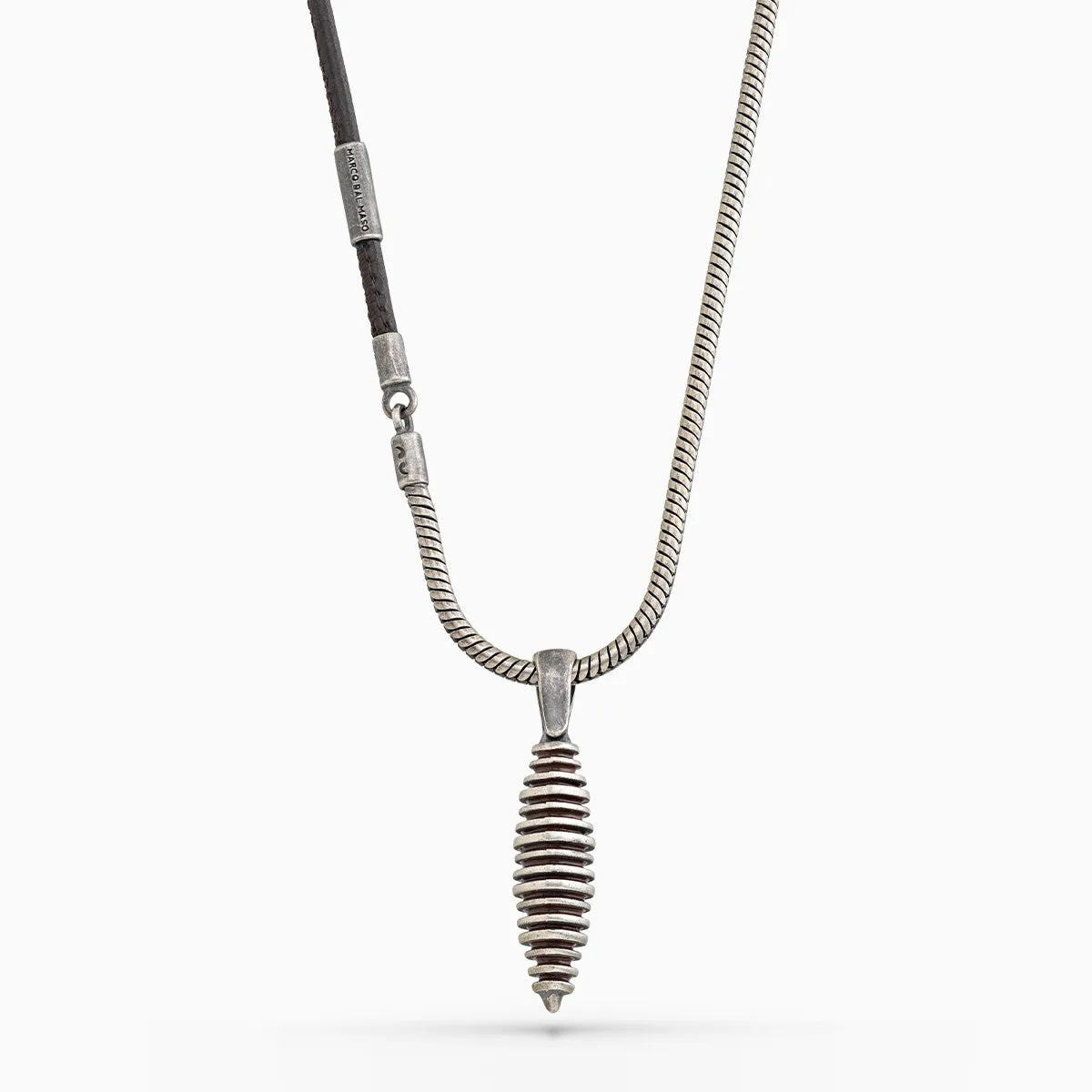 ACIES Cocoon Oxidized Silver and Brown Leather Pendant with Brown Enamel sold by Marco Dal Maso