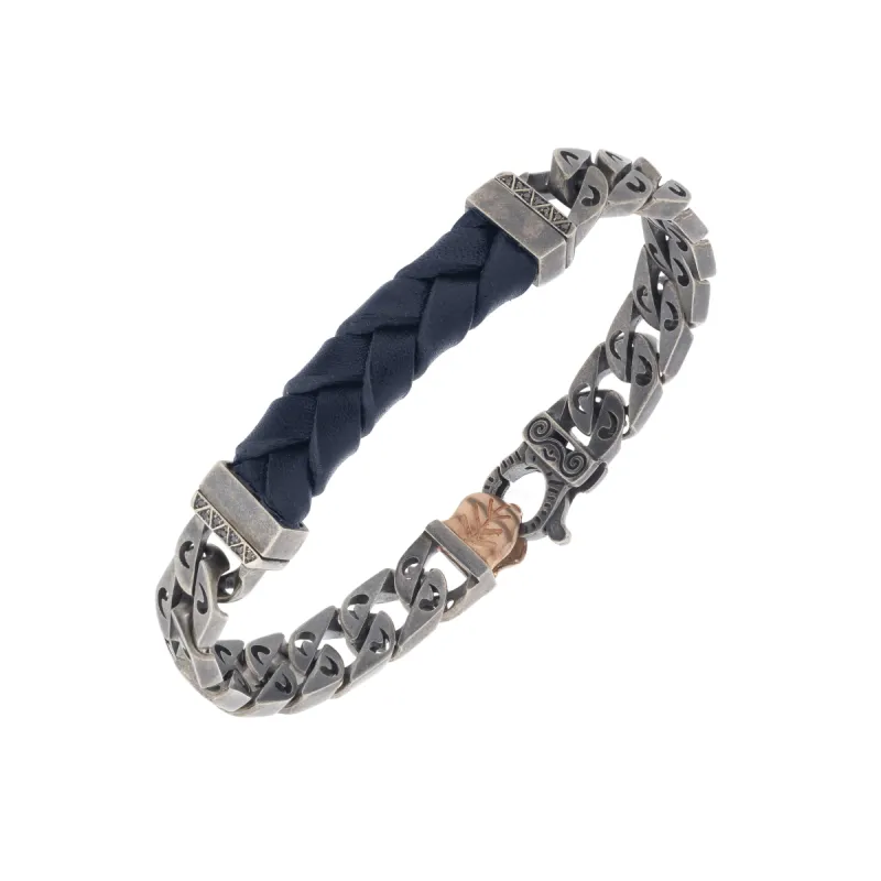 FLAMING TONGUE 18K Rose Gold Vermeil and Oxidized Bracelet with black diamonds & blue leather sold by Marco Dal Maso