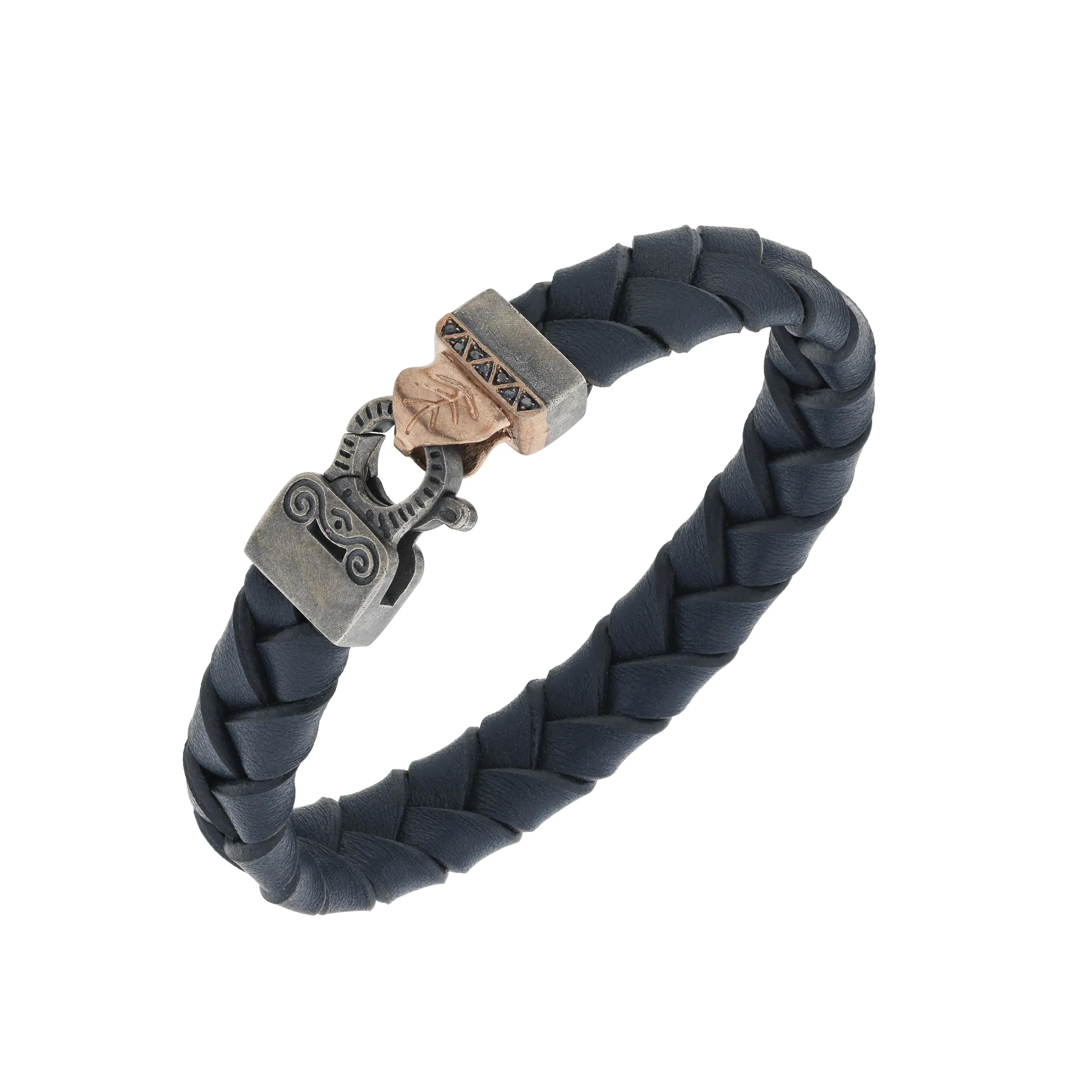 FLAMING TONGUE 18K Rose Gold Vermeil and Oxidized Bracelet with blue leather & Tsavorite sold by Marco Dal Maso