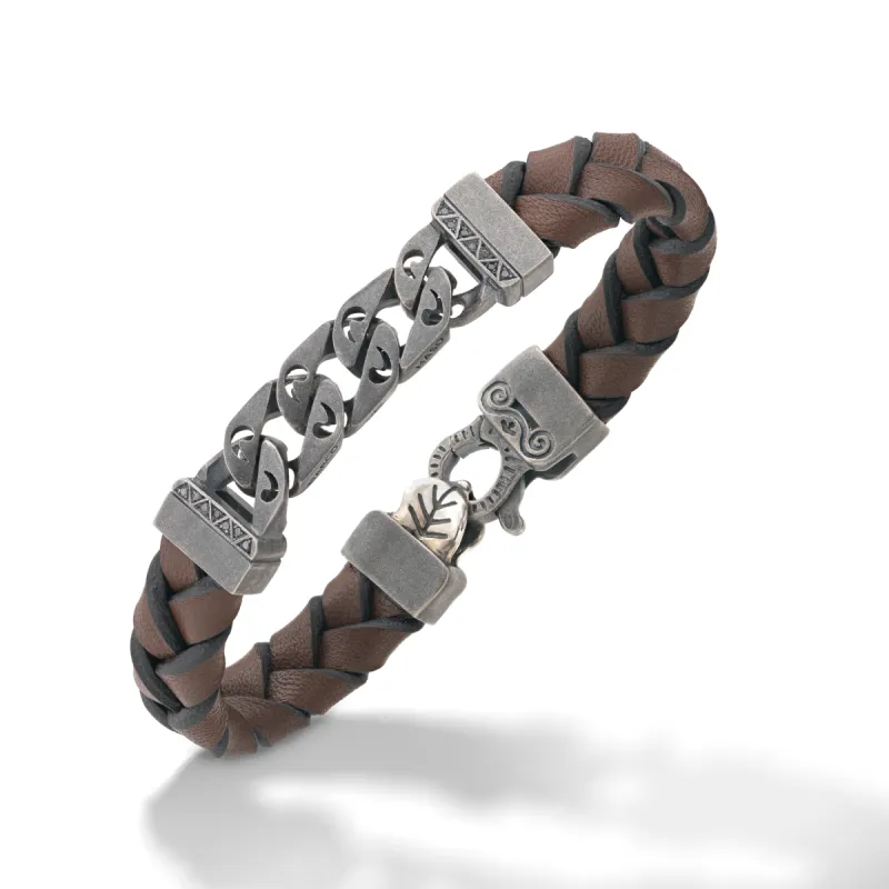 FLAMING TONGUE Brown Woven Leather Bracelet with Polished Oxidized silver chain & Black Diamonds sold by Marco Dal Maso