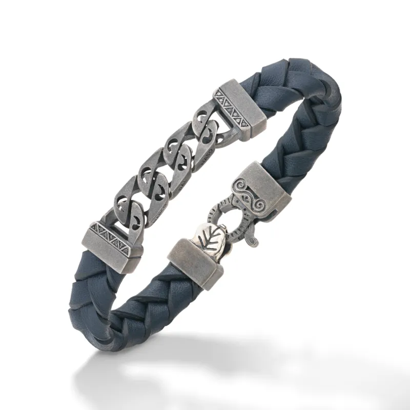 FLAMING TONGUE Blue Woven Leather Bracelet with Polished Oxidized Silver Chain & Black Diamonds sold by Marco Dal Maso