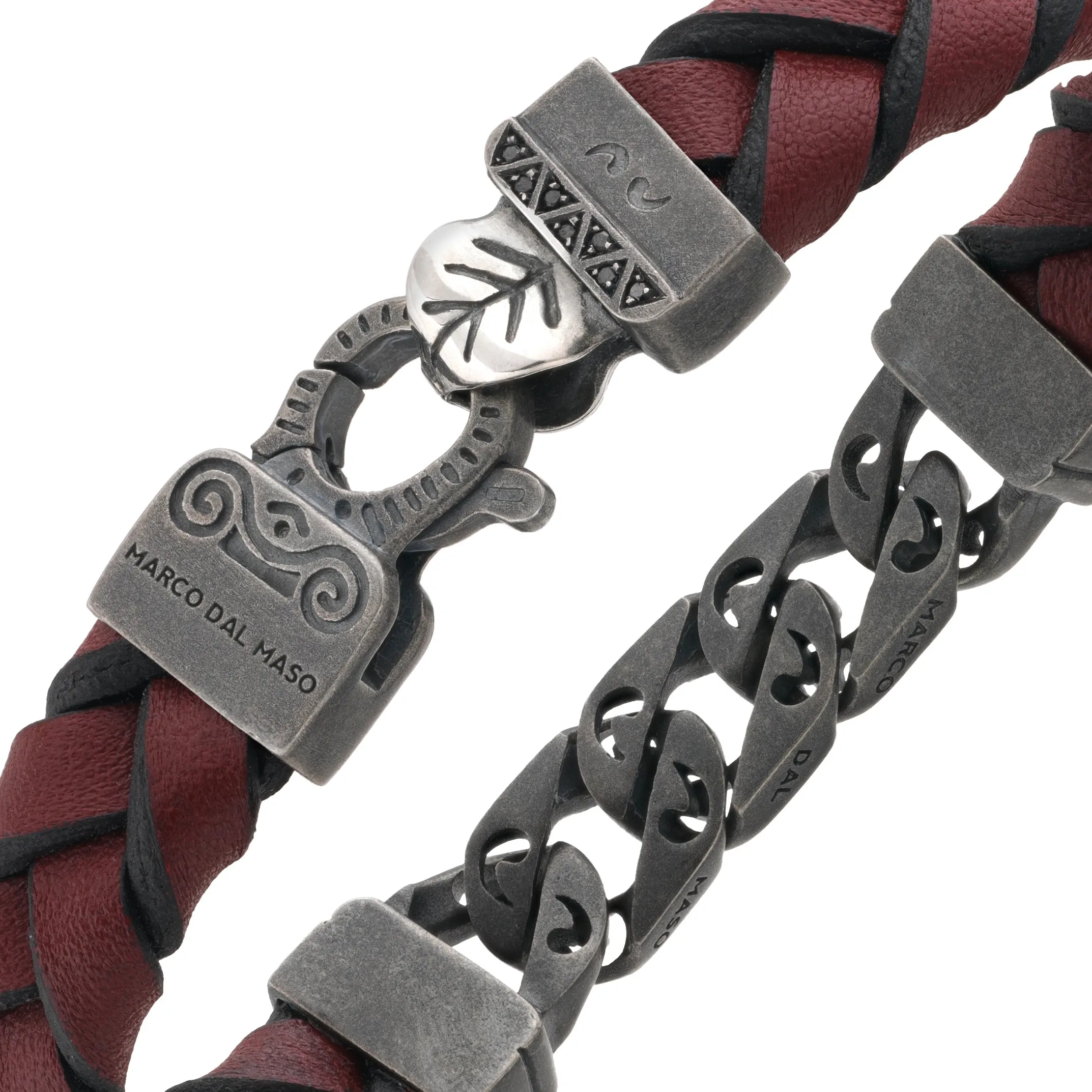 FLAMING TONGUE Red Woven Leather Bracelet, polished oxidized silver chain & black diamonds sold by Marco Dal Maso product image thumbnail 2