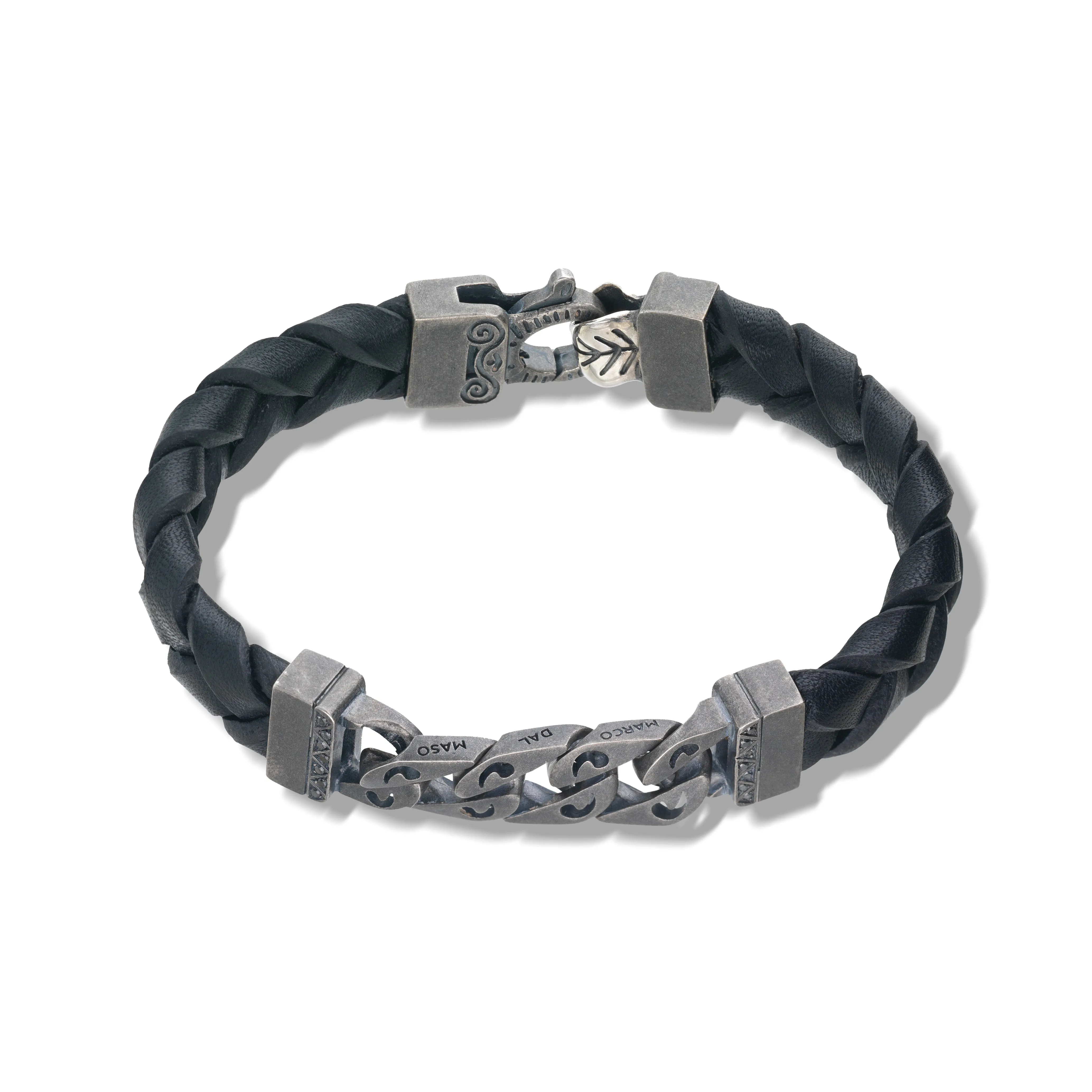 FLAMING TONGUE Black Woven Leather Bracelet with polished oxidized silver chain & black diamonds sold by Marco Dal Maso product image thumbnail 3