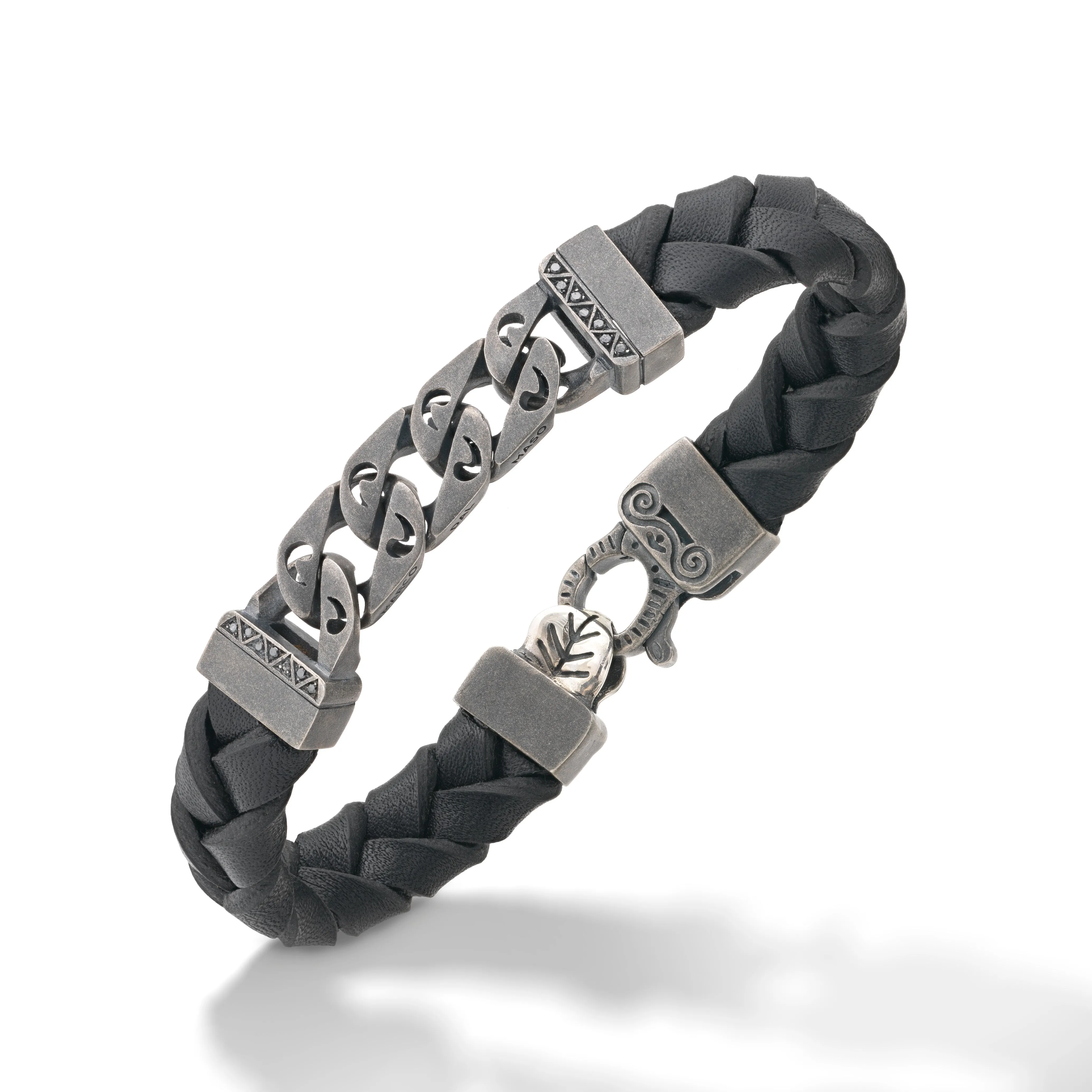 FLAMING TONGUE Black Woven Leather Bracelet with polished oxidized silver chain & black diamonds sold by Marco Dal Maso