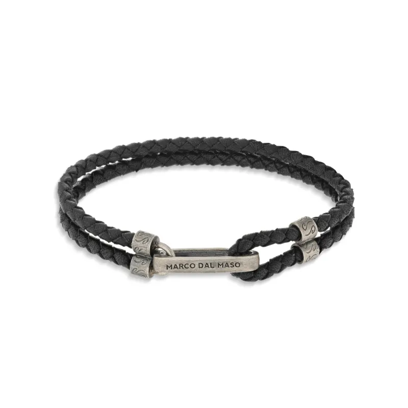 Parallel Black Woven Leather and Oxidized Silver Bracelet sold by Marco Dal Maso