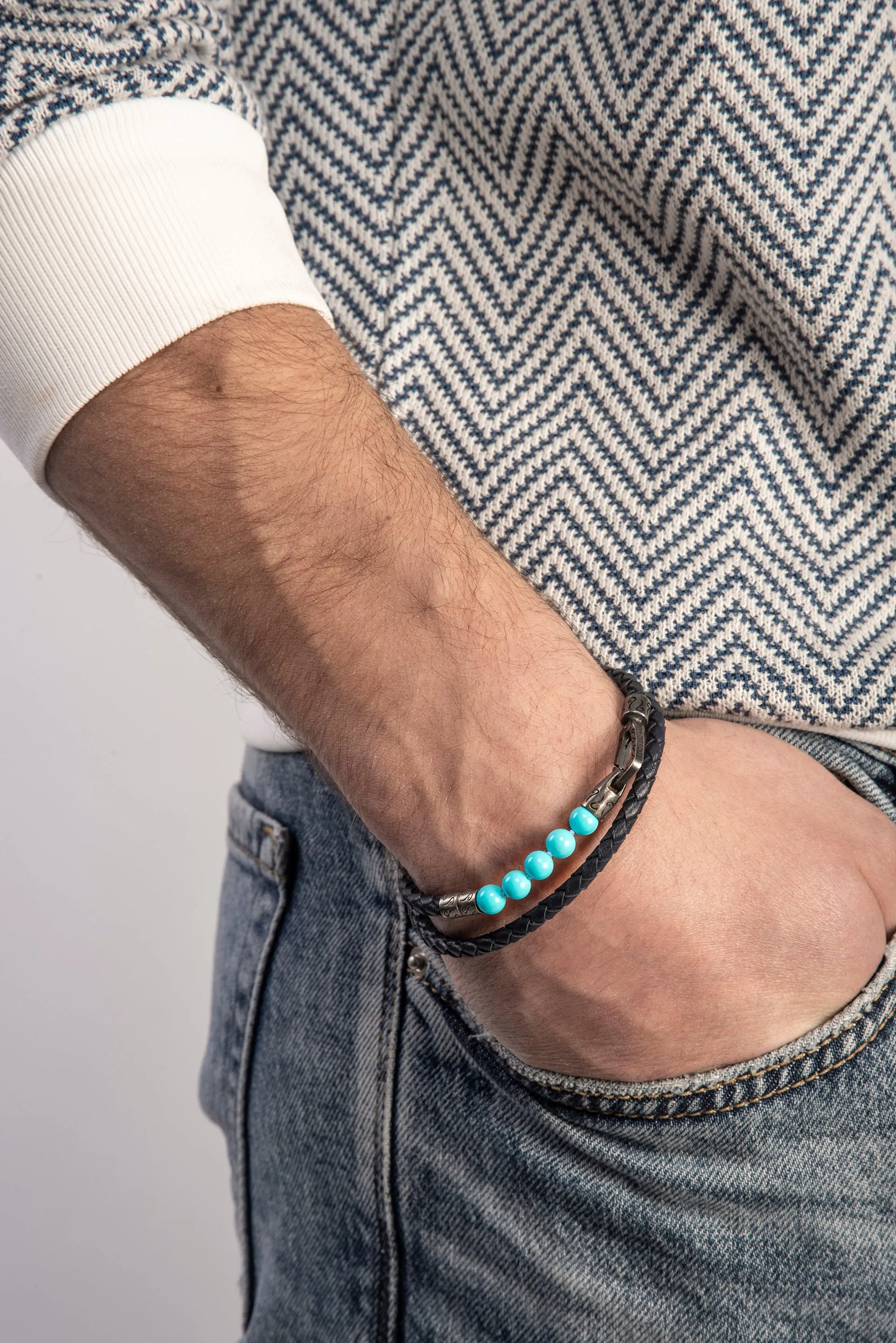 Polished 6mm Turquoise Double Wrap Blue Leather Bracelet sold by Marco Dal Maso product image thumbnail 2