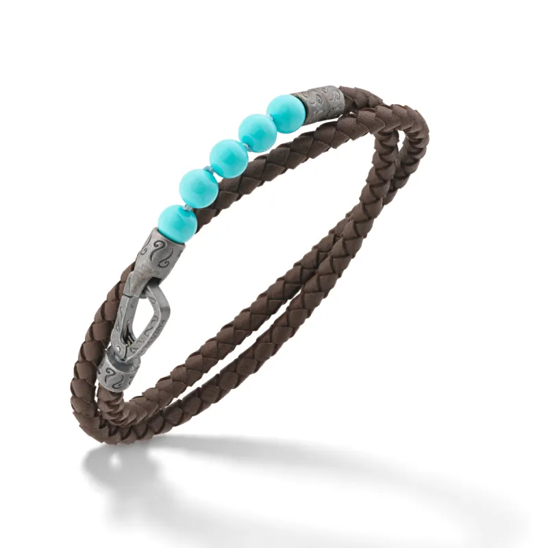 Polished 6mm Turquoise Double Wrap Brown Leather Bracelet sold by Marco Dal Maso