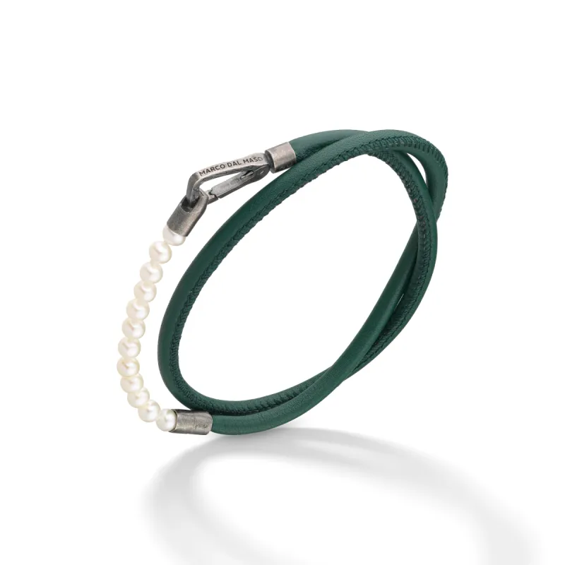 Mini Pearls Beads Double Wrap Bracelet with green leather sold by Marco Dal Maso