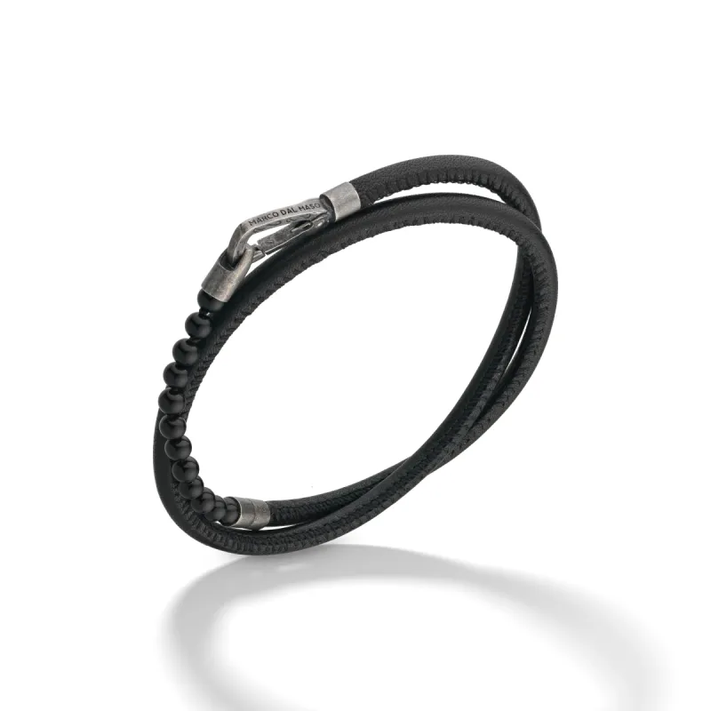 Mini Onyx Beads Double Wrap Bracelet with black leather sold by Marco Dal Maso