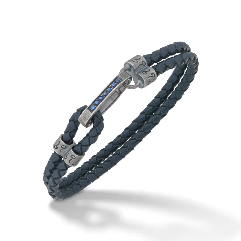 LASH Blue Sapphires Silver Clasp Bracelet with Blue Leather sold by Marco Dal Maso