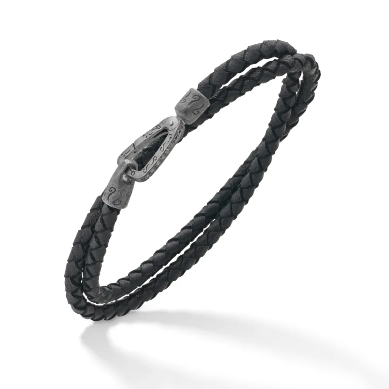 LASH Double Wrap Oxidized Silver and Black Leather with black diamonds sold by Marco Dal Maso