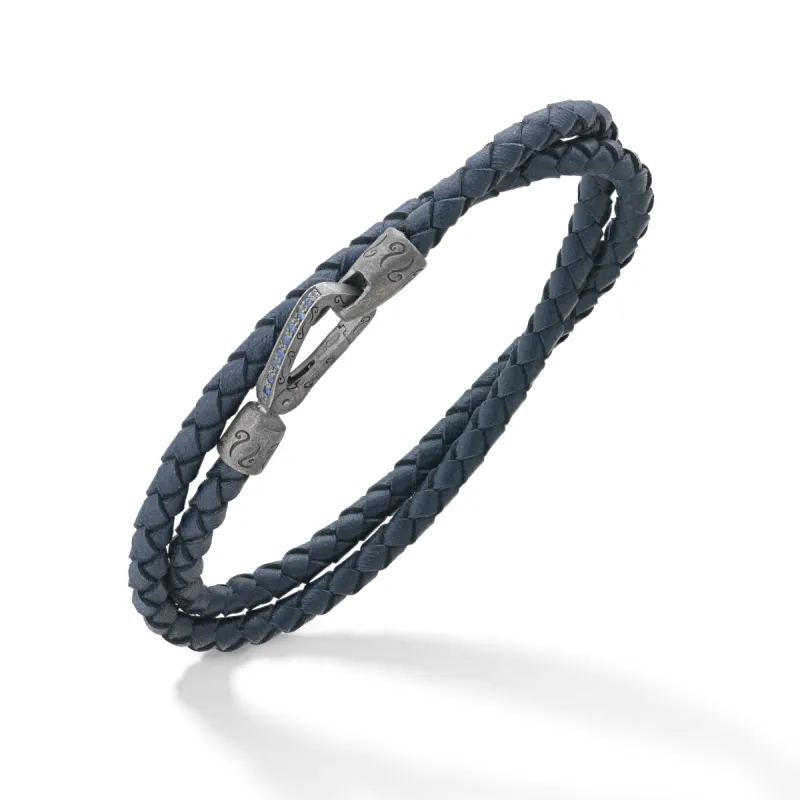 LASH Double Wrap Oxidized Silver and Blue Leather with blue sapphires sold by Marco Dal Maso
