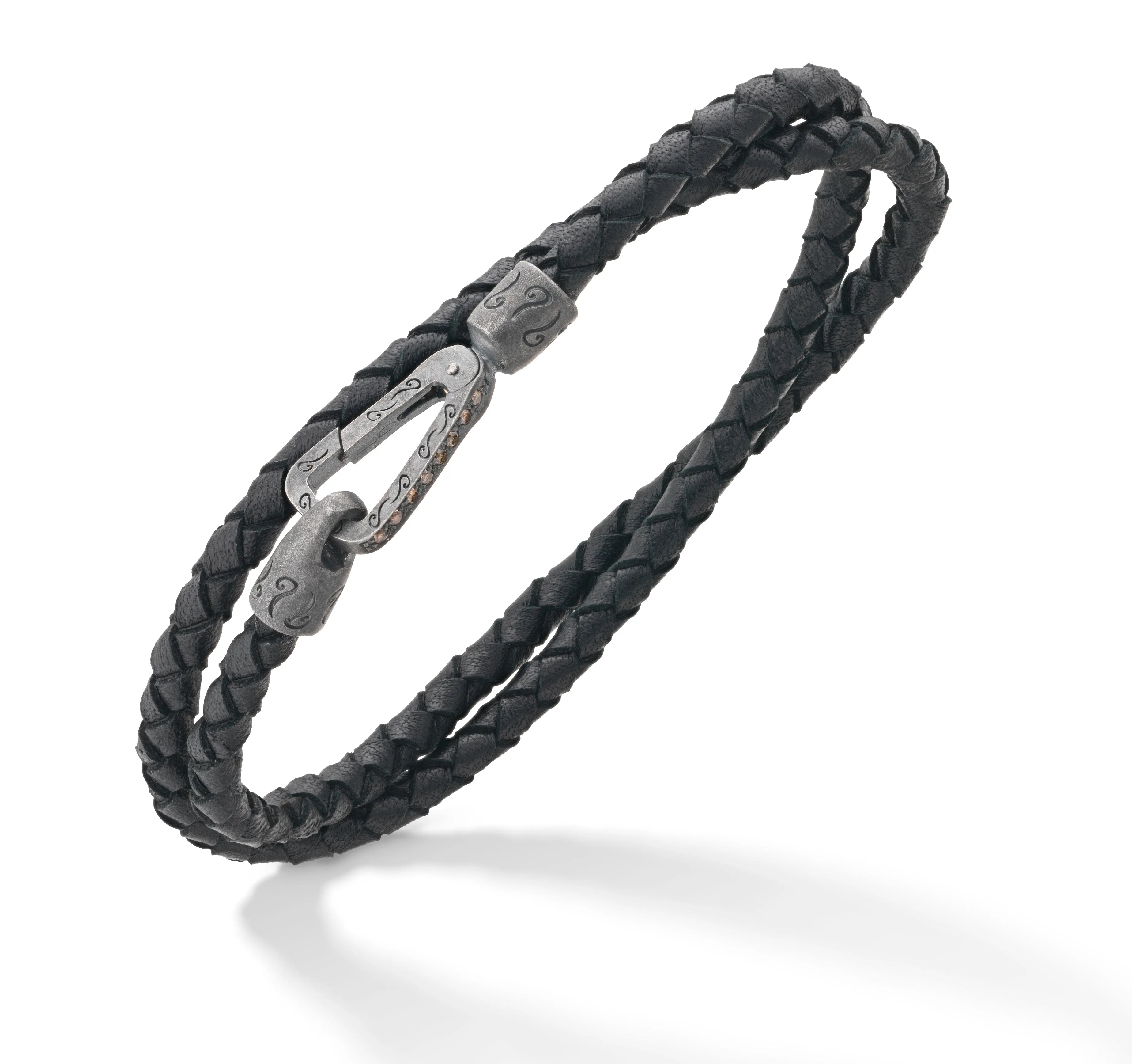 LASH Double Wrap Oxidized Silver and Black Leather with champagne diamonds sold by Marco Dal Maso