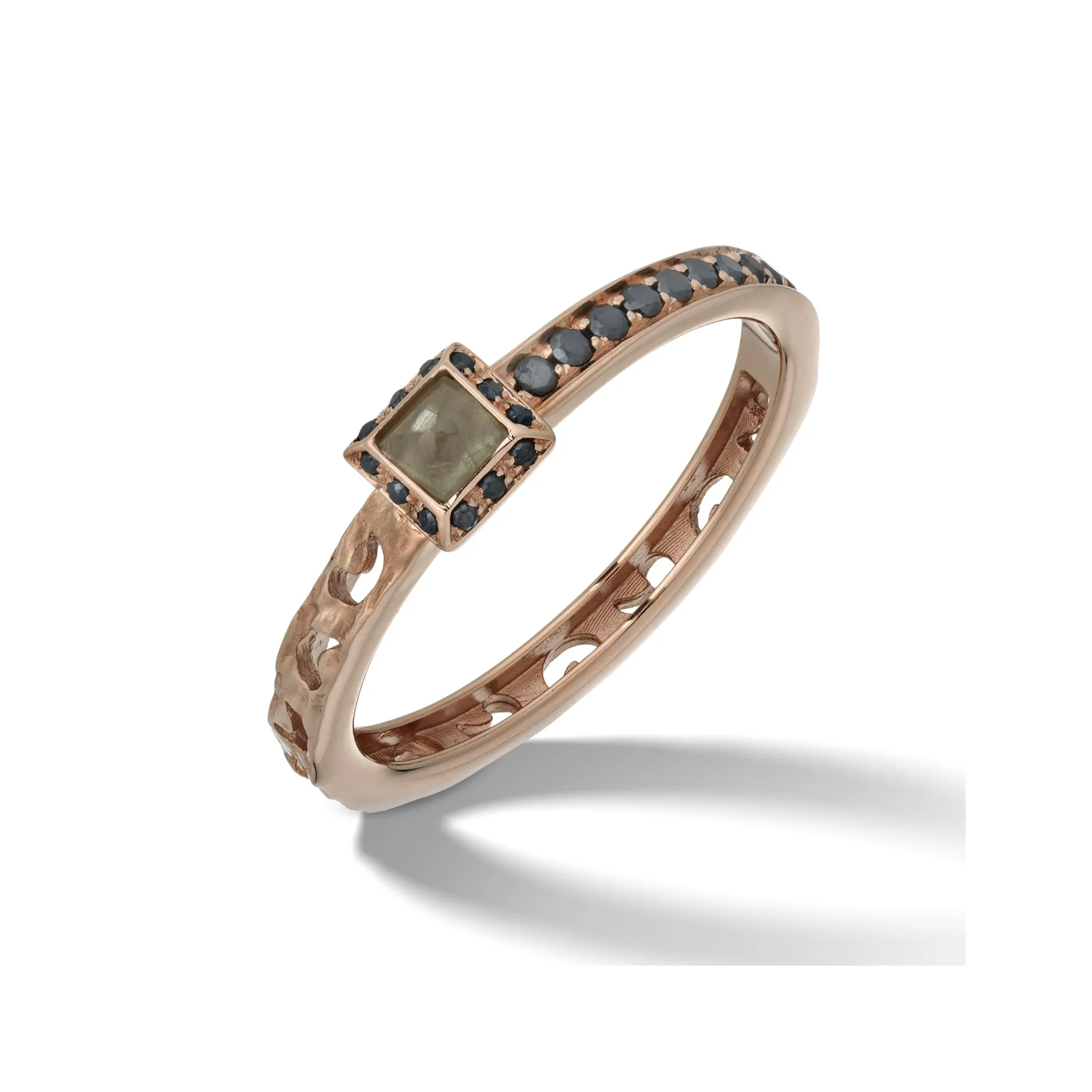 ORION Rose Gold Ring with Black Diamonds & Square Sapphire Halo sold by Marco Dal Maso