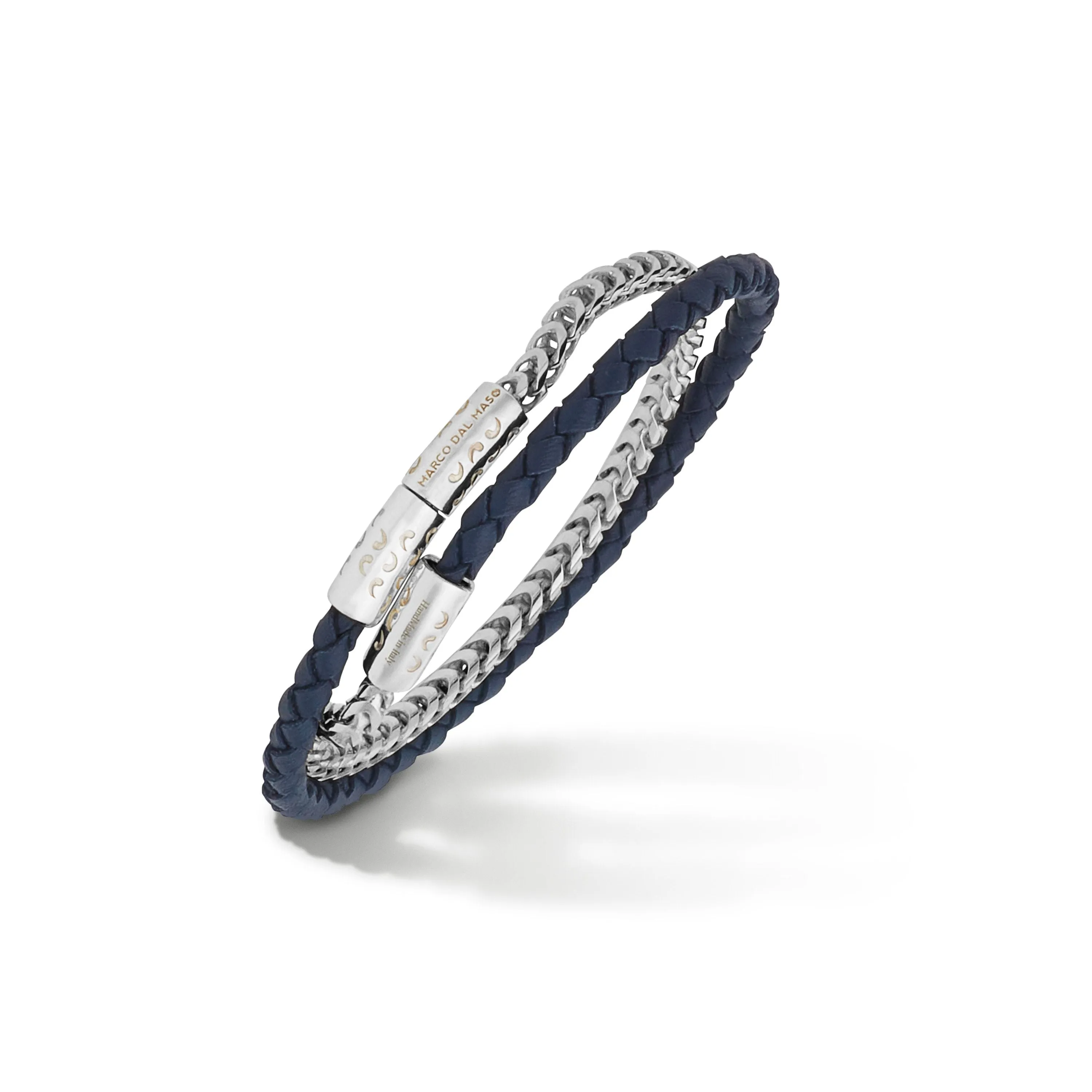 LASH Double Mix Blue Woven Leather and Polished Silver Chain Bracelet sold by Marco Dal Maso