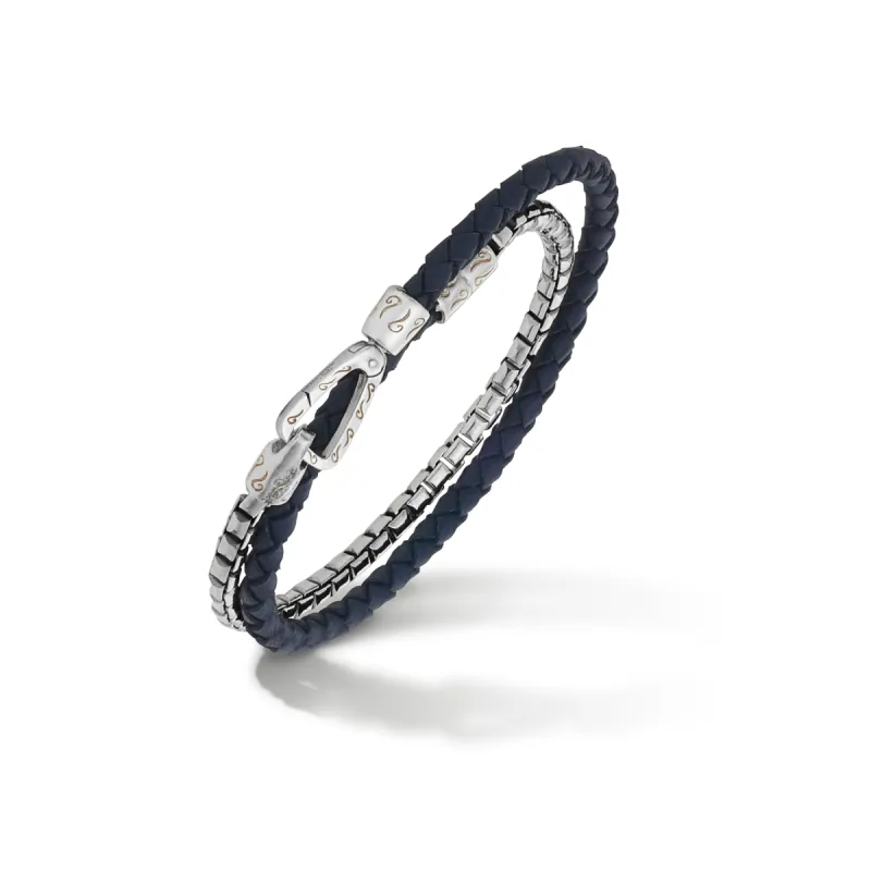LASH Double Mix Blue Woven Leather and Polished Silver Chain Bracelet sold by Marco Dal Maso