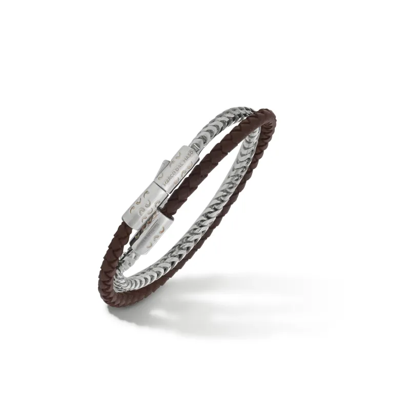 LASH Double Mix Brown Woven Leather and Polished Silver Chain Bracelet sold by Marco Dal Maso