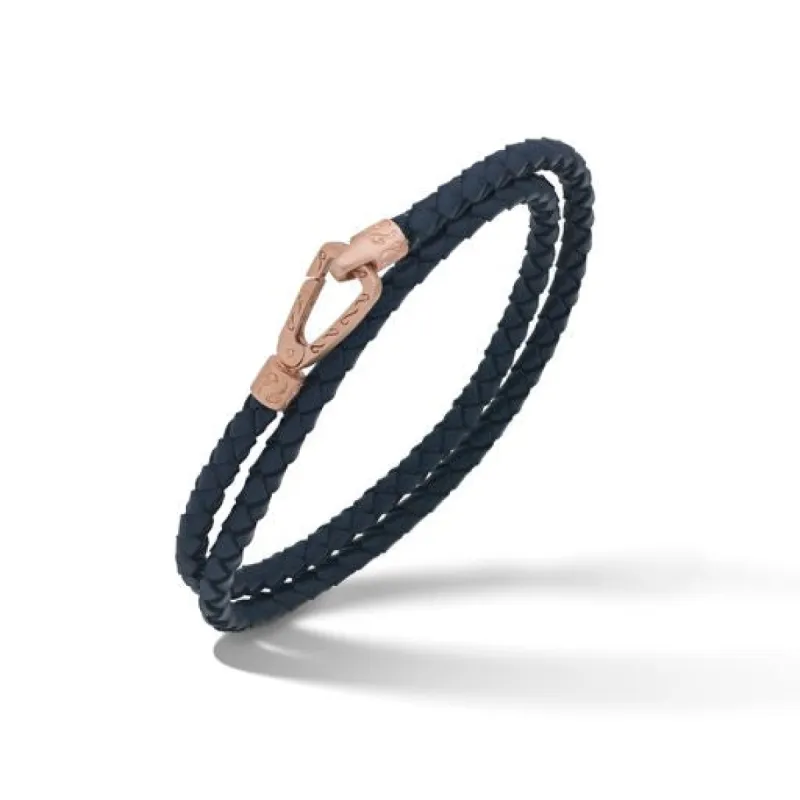 LASH 18K Rose Gold Matte Vermeil Double Leather Cord Bracelet with Blue Woven Leather sold by Marco Dal Maso