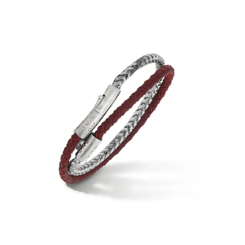 LASH Double Mix Red Woven Leather and Polished Silver Chain Bracelet sold by Marco Dal Maso