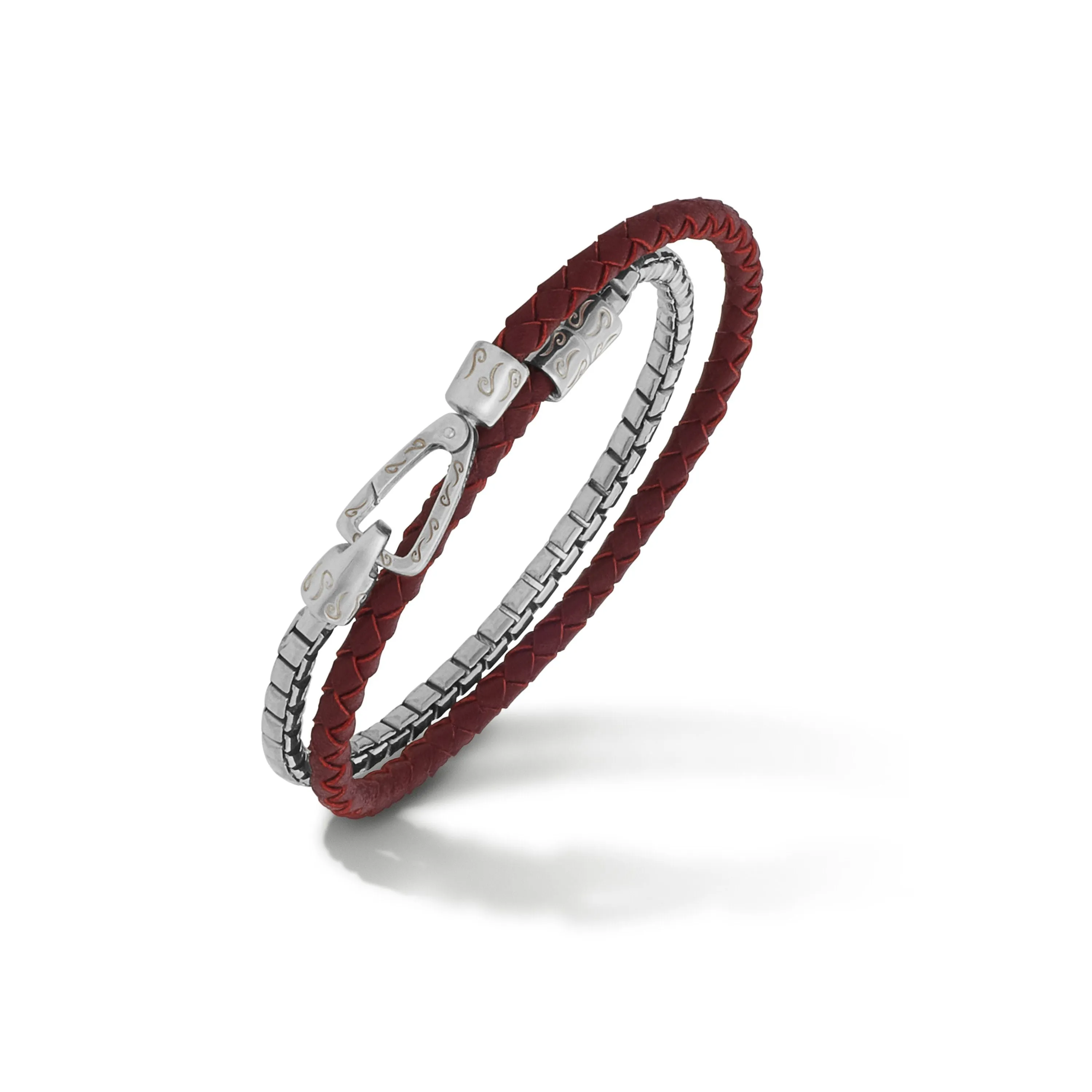 LASH Double Mix Red Woven Leather and Polished Silver Chain Bracelet sold by Marco Dal Maso