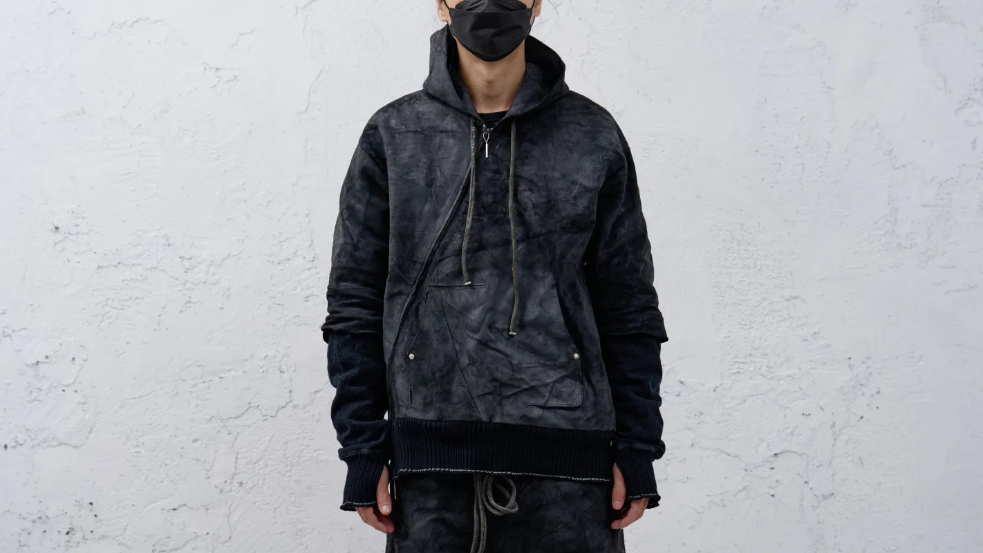 <span>26.2</span><span>"DISPLACEMENT"</span>SWEAT PARKA HOODED ZIP LAYERED W/Z CASHMERE BLANKET LINING<br>HORSE FULL GRAIN<br>BLACK REVERSE made by taichi murakami