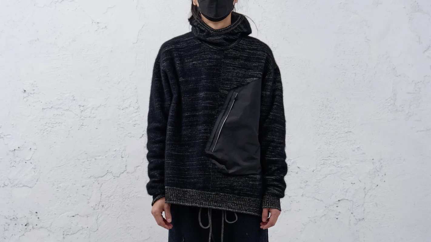 <span>26.2</span><span>"DISPLACEMENT"</span>POCKET SWEATER HOODED OVERSIZED<br>DNA PAPER X M.CASHMERE KNIT<br>BLACK made by taichi murakami