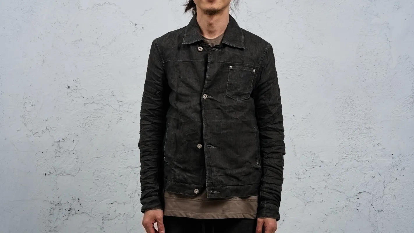 <span>27.1</span><span>"DISPLACEMENT"</span>JEAN JACKET<br>PRINTED LINEN LIGHT<br>CARBON made by taichi murakami