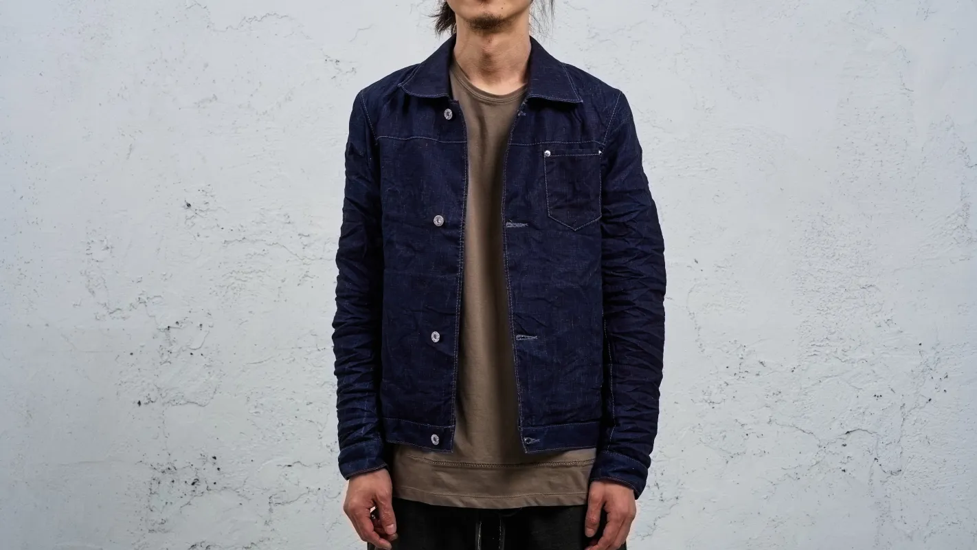<span>27.1</span><span>"DISPLACEMENT"</span>JEAN JACKET<br>PRINTED LINEN LIGHT<br>INDIGO made by taichi murakami
