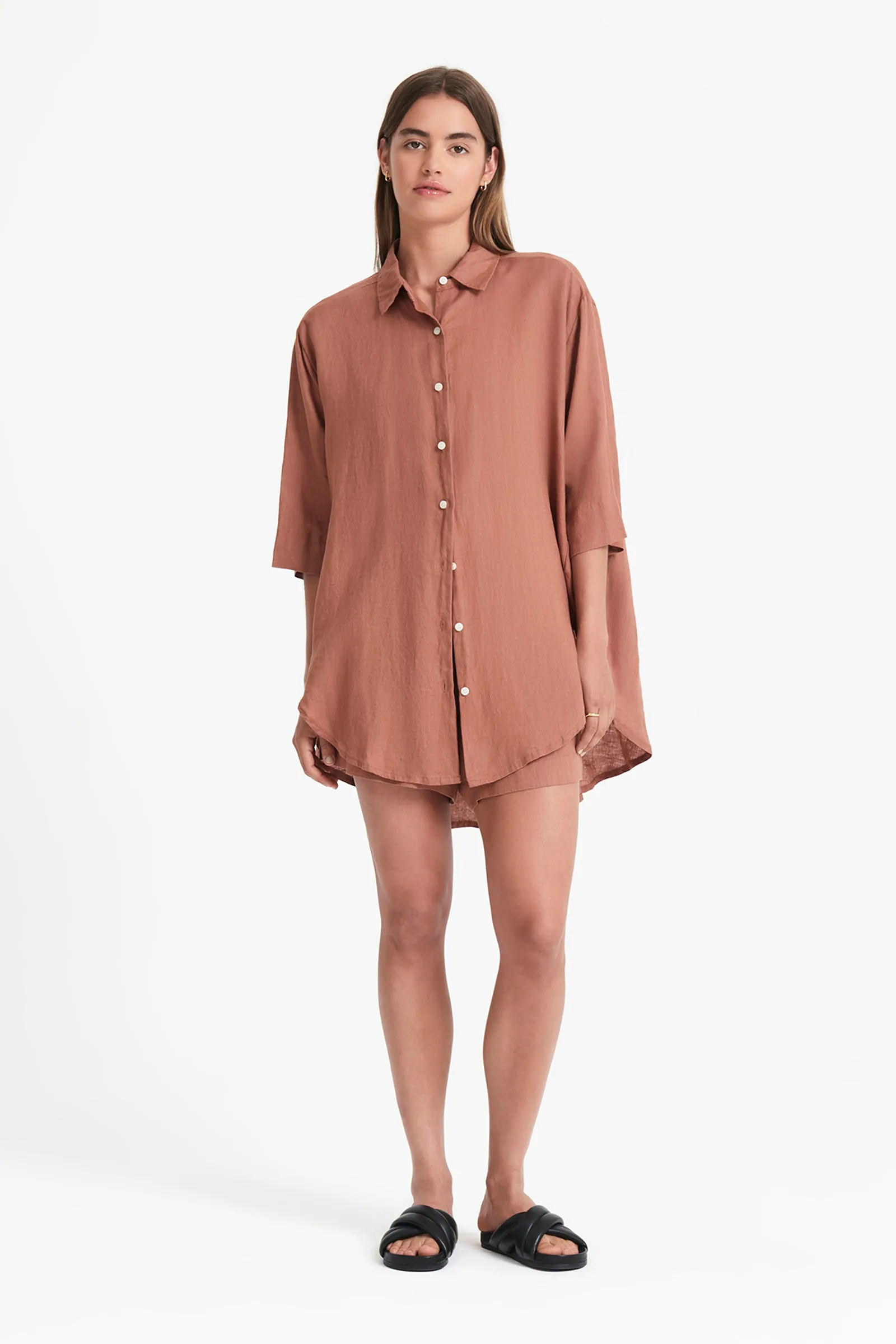 LOUNGE LINEN LONGLINE SHIRT sold by Nude Lucy