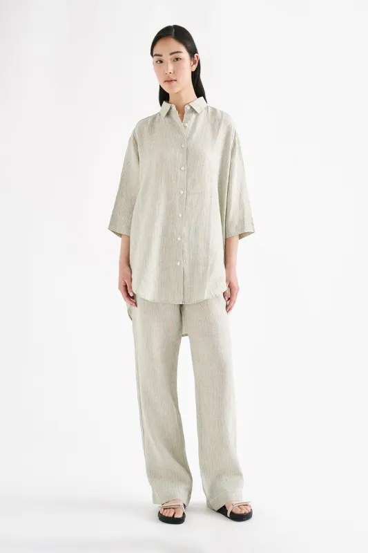 LOUNGE STRIPE LINEN LONGLINE SHIRT sold by Nude Lucy