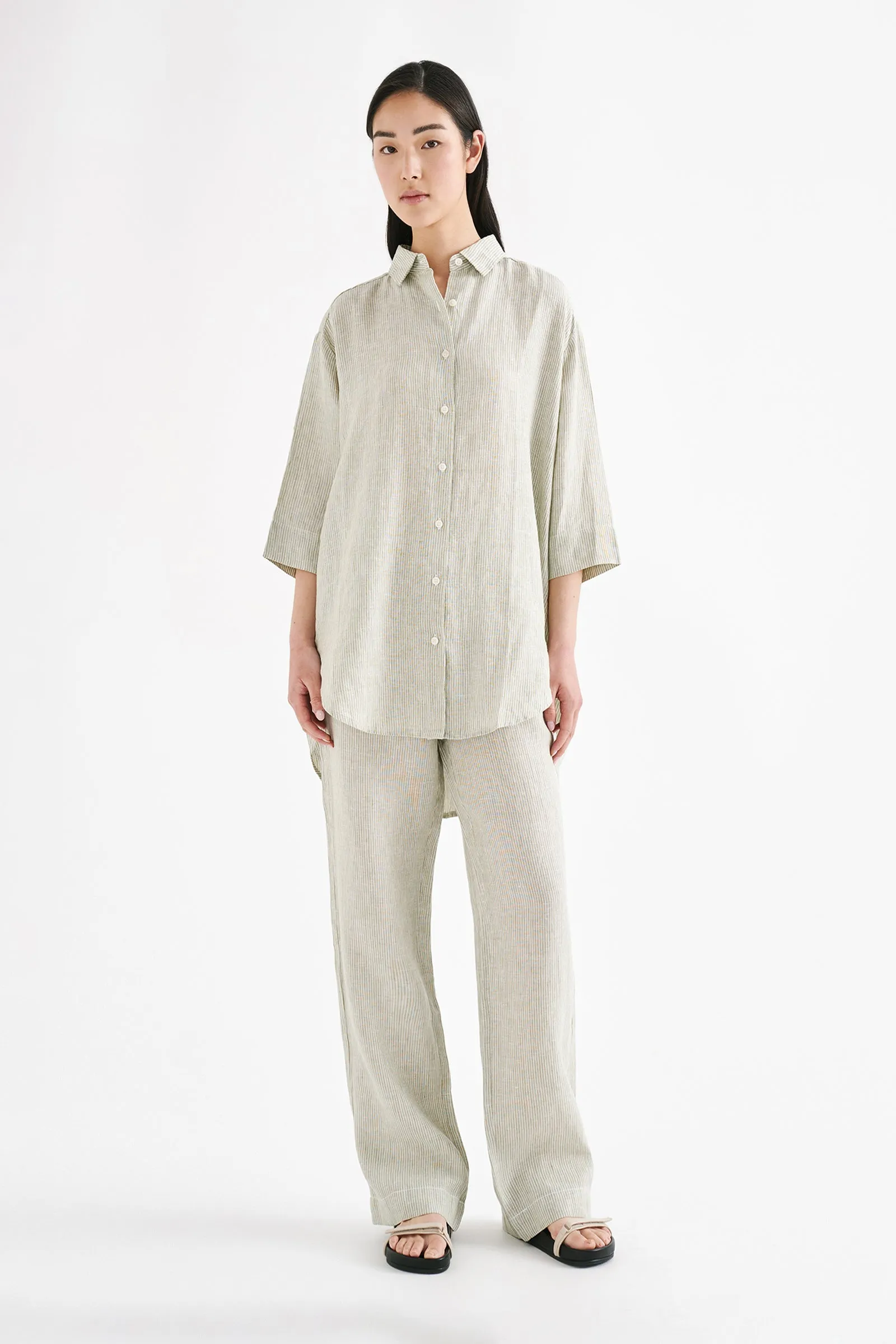 LOUNGE STRIPE LINEN LONGLINE SHIRT sold by Nude Lucy