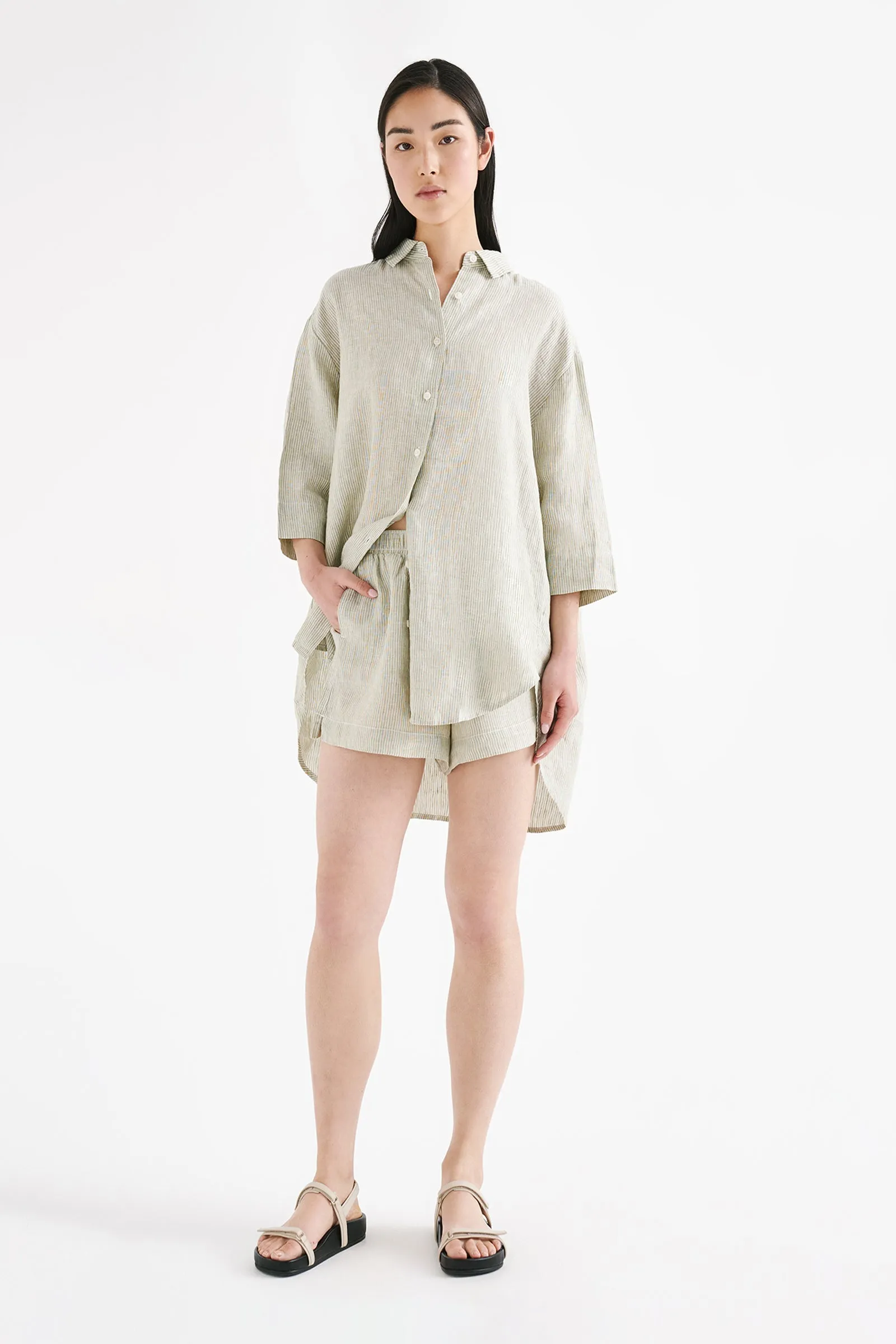 LOUNGE STRIPE LINEN SHIRT sold by Nude Lucy
