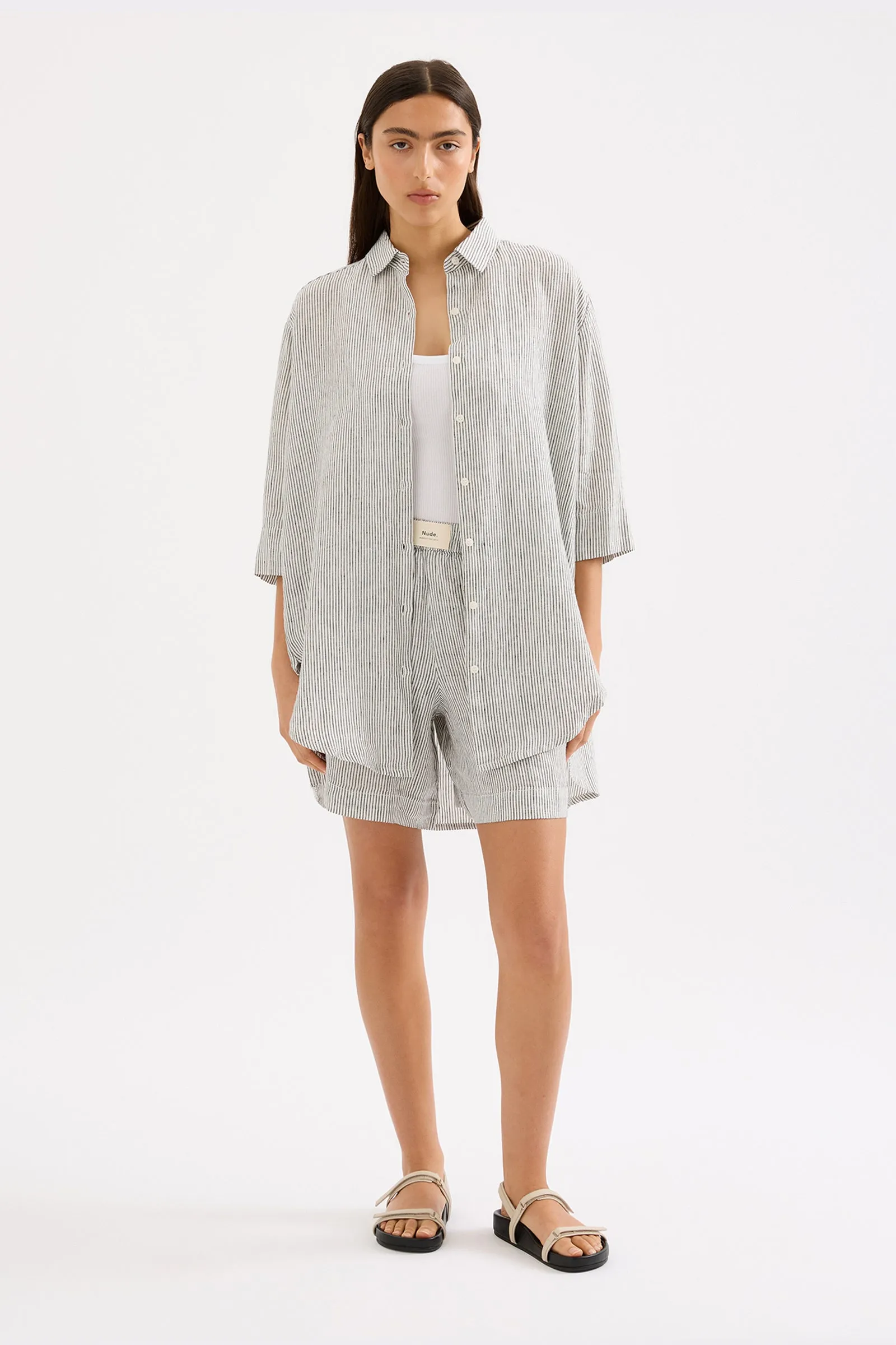 LOUNGE STRIPE LINEN LONGLINE SHIRT sold by Nude Lucy product image thumbnail 5